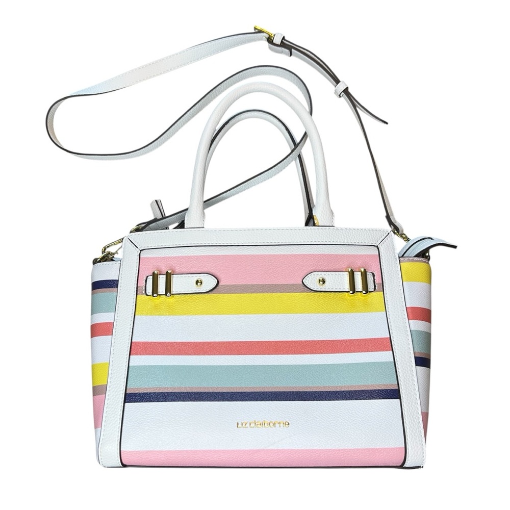 Liz Claiborne White Multi-Colored Striped Shoulder/Satchel Bag w/ Pockets Gold